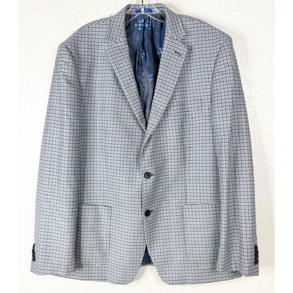 Vince Camuto 44R -Wool/Silk/Poly Blend-Gray Blue Plaid Blazer 2 ButtonEUC